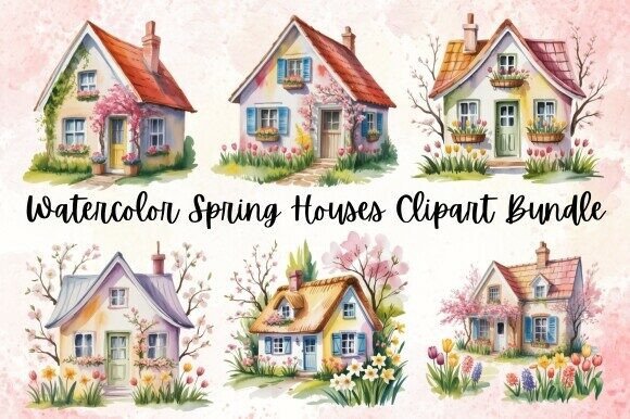 Download Watercolor Spring Houses Clipart - Spring Collection